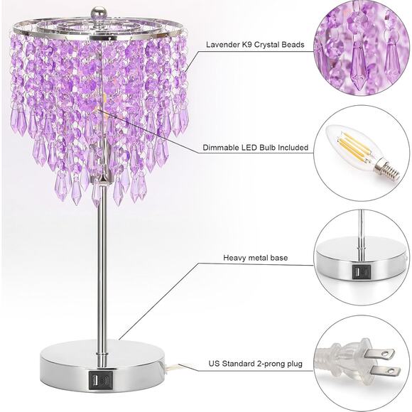 Crystal Table Lamp 3 Way Dimmable Touch Nightstand Light with USB Ports Lavender - Picture 6 of 8